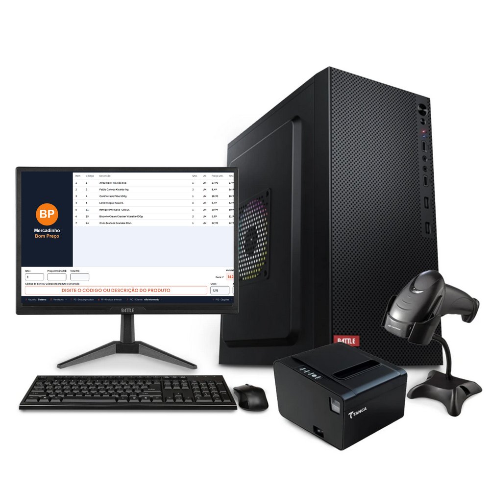 Kit PDV com computador, monitor, impressora térmica e leitor de código de barras